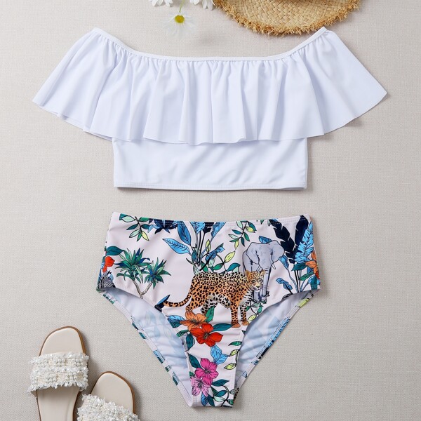 

Floral & Animal Print Ruffle Bardot Bikini Swimsuit, Multicolor