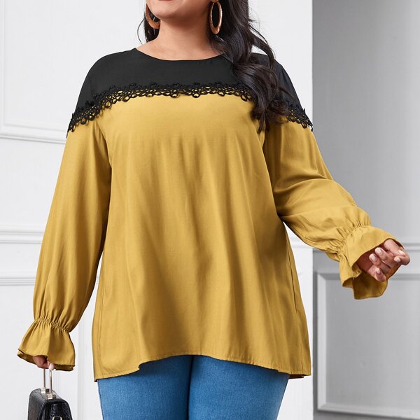 

Plus Flounce Sleeve Guipure Lace Panel Blouse, Mustard yellow