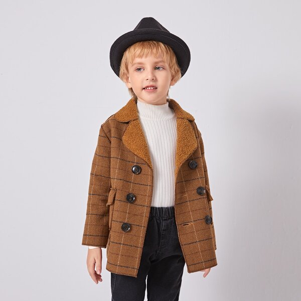

Toddler Boys Plaid Dual Pocket Coat With Teddy Lining, Brown