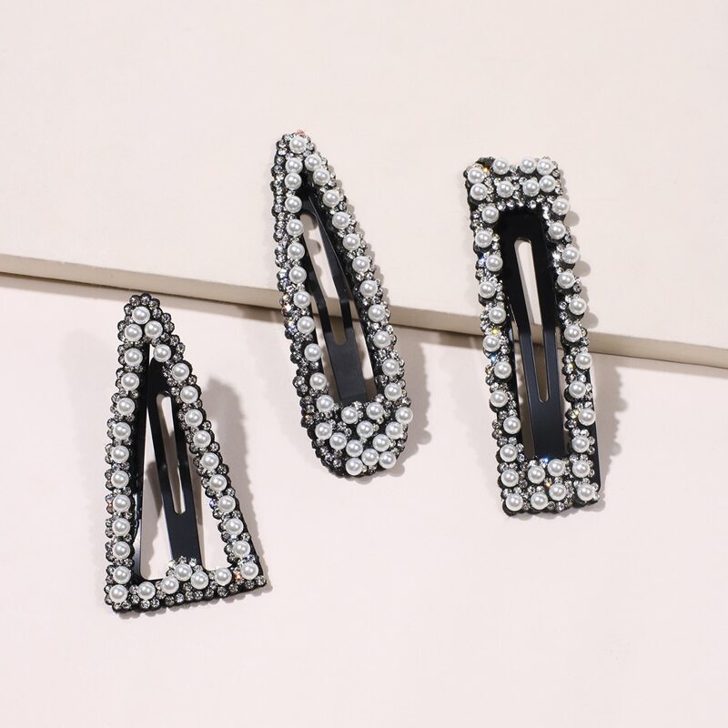 

3pcs Rhinestone & Faux Pearl Hair Clip, Black and white