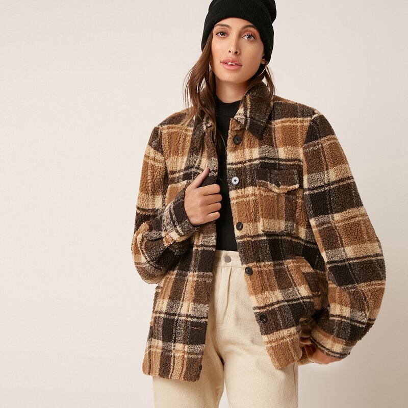 

Flap Pocket Tartan Teddy Coat, Multicolor