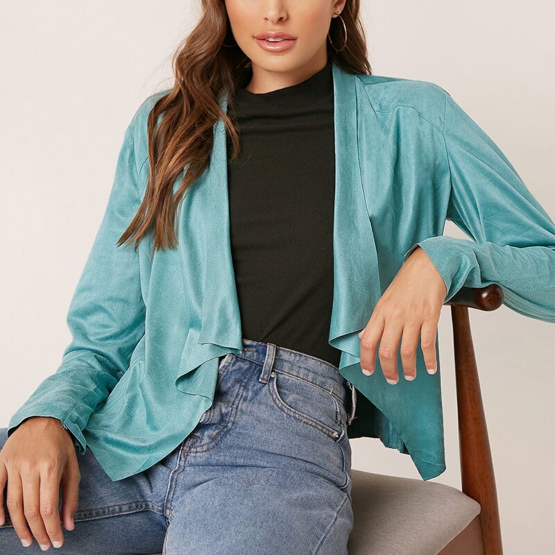 

Waterfall Neck Open Front Suede Jacket, Cadet blue