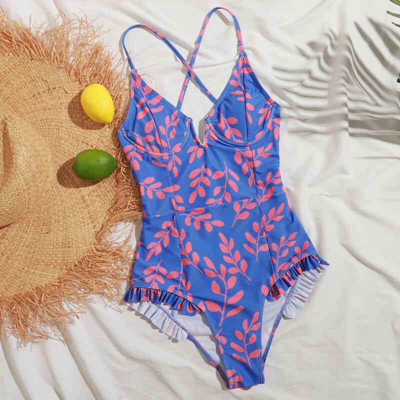 

Allover Leaf One Piece Swimsuit, Blue