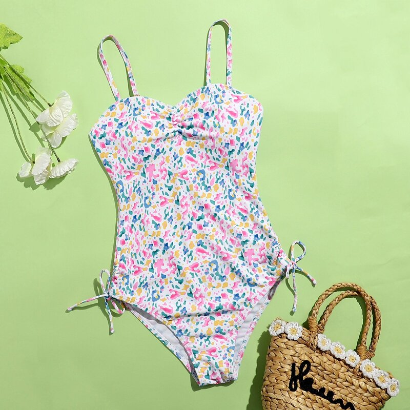 

Allover Print Ruched One Piece Swimsuit, Multicolor