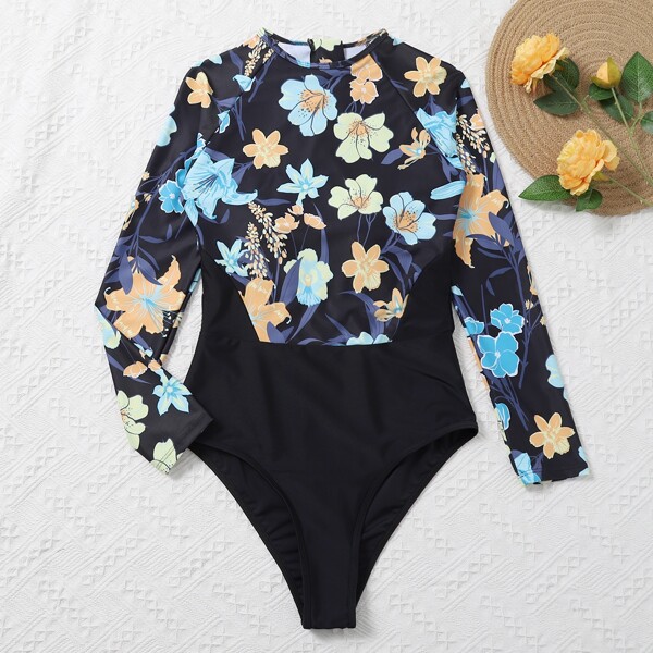 

Floral Zip Back One Piece Swimsuit, Multicolor