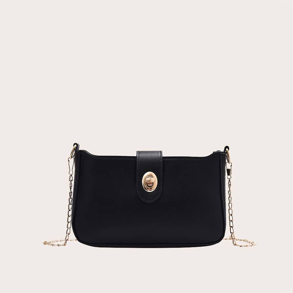Solid Chain Baguette Bag, Black