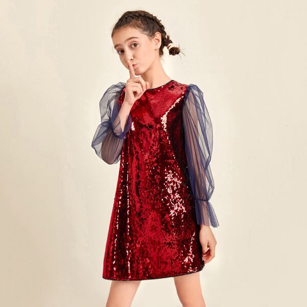 

Girls Mesh Flounce Sleeve Sequin Dress, Red