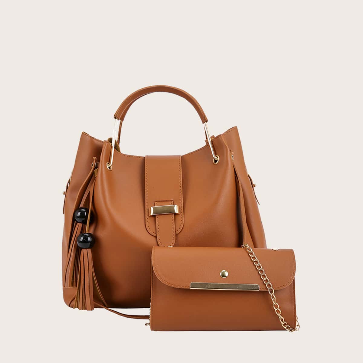 

2pcs Solid Tassel Bag Set, Brown