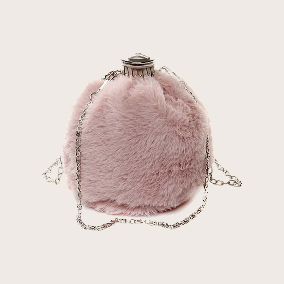

Fluffy Chain Mini Bucket Bag, Pastel dusty pink