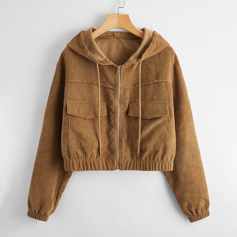 

Solid Corduroy Zip Up Jacket, Brown