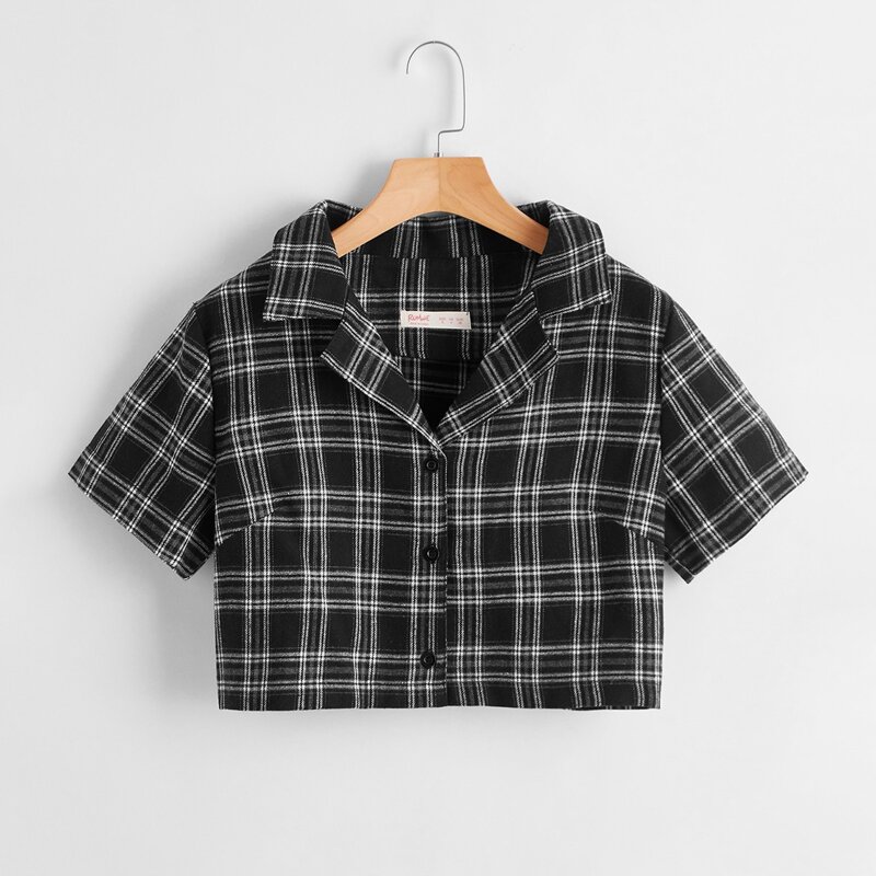 

Plaid Button Front Crop Blouse, Black and white