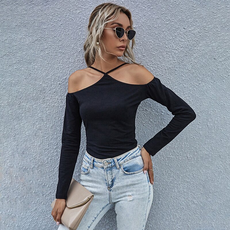 

Cold Shoulder Solid Tee, Black