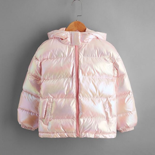 

Girls Zipper Up Hooded Metallic Jacket, Baby pink