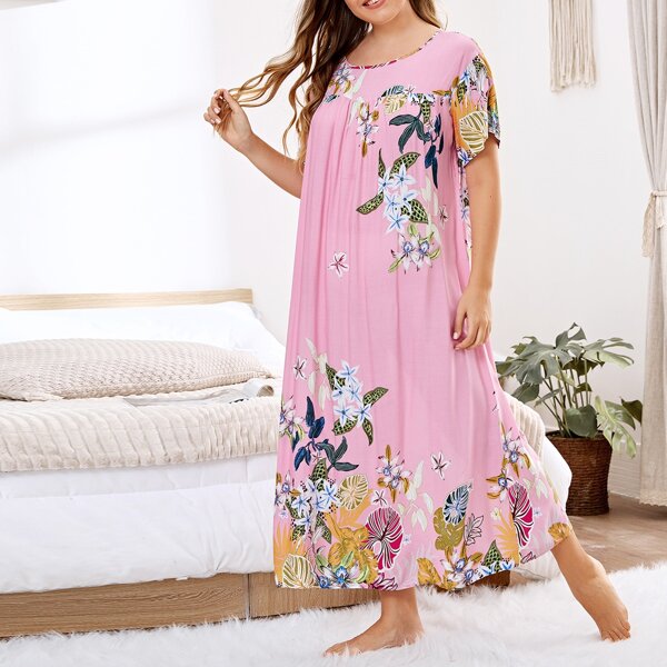

Plus Floral Print Drop Shoulder Nightdress, Baby pink