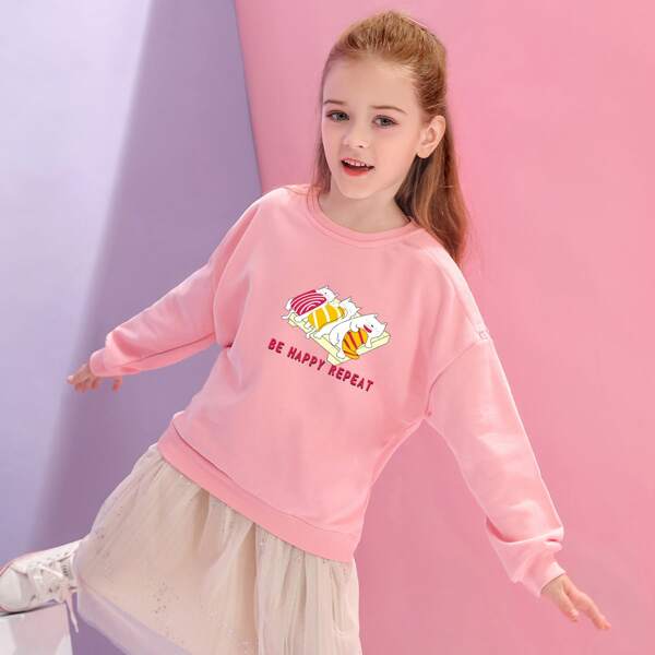 

Girls Cat And Slogan Graphic Sweatshirt, Baby pink