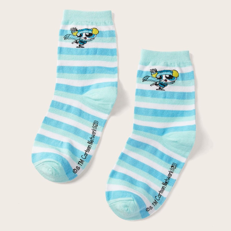 

ROMWE X The Powerpuff Girls Striped Socks, Blue and white