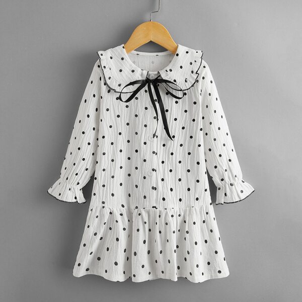 

Toddler Girls Tie Neck Polka Dot Ruffle Hem Dress, White