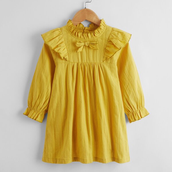 

Toddler Girls Solid Ruffle Trim Bow Front Babydoll Dress, Yellow