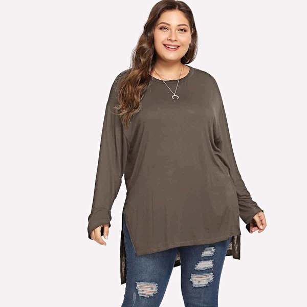 

Plus High Low Split Hem Tee, Mocha brown