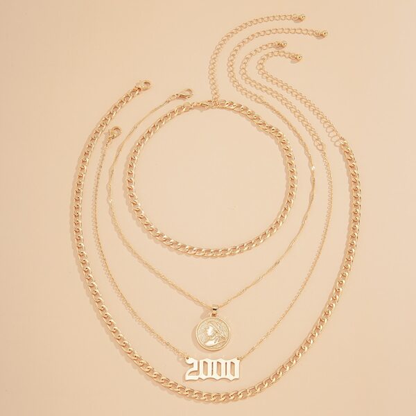 

4pcs Metal Round Charm Necklace, Gold