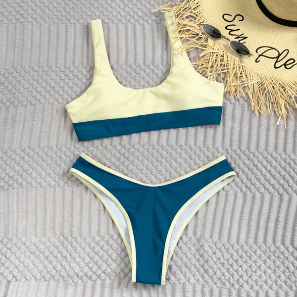 

Two Tone High Cut Bikini Swimsuit, Multicolor