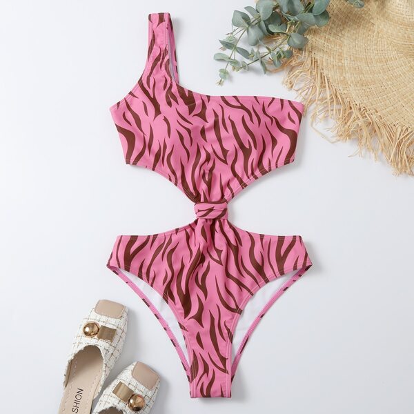 

Zebra Striped Cut-out One Shoulder One Piece Swimsuit, Pink