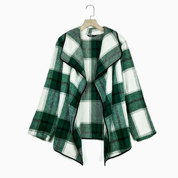 

Plus Waterfall Collar Plaid Open Front Jacket, Multicolor