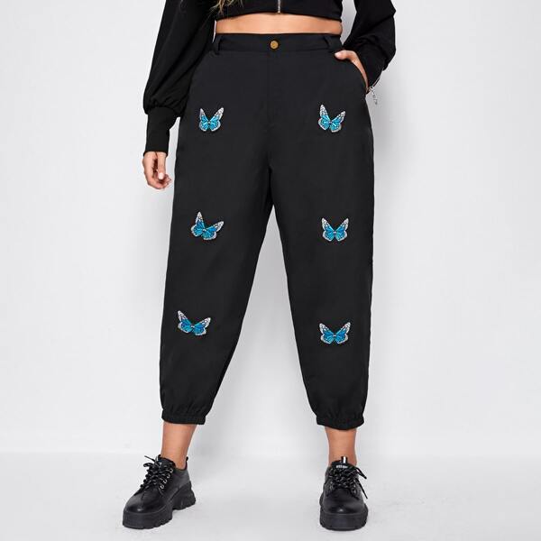 

Plus Butterfly Print Slant Pocket High Waist Jeans, Black