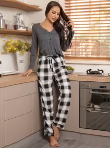 Half Button Tee & Plaid Trousers Pyjama Set - Multicolor - View 1