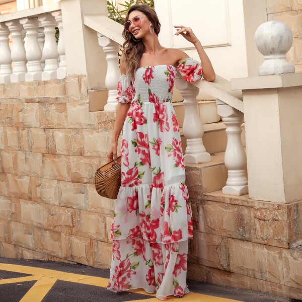 

Off Shoulder Layered Hem Shirred Floral Dress, Multicolor