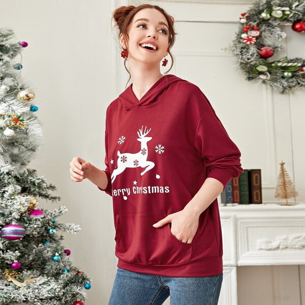 

Christmas Print Kangaroo Pocket Hoodie, Burgundy