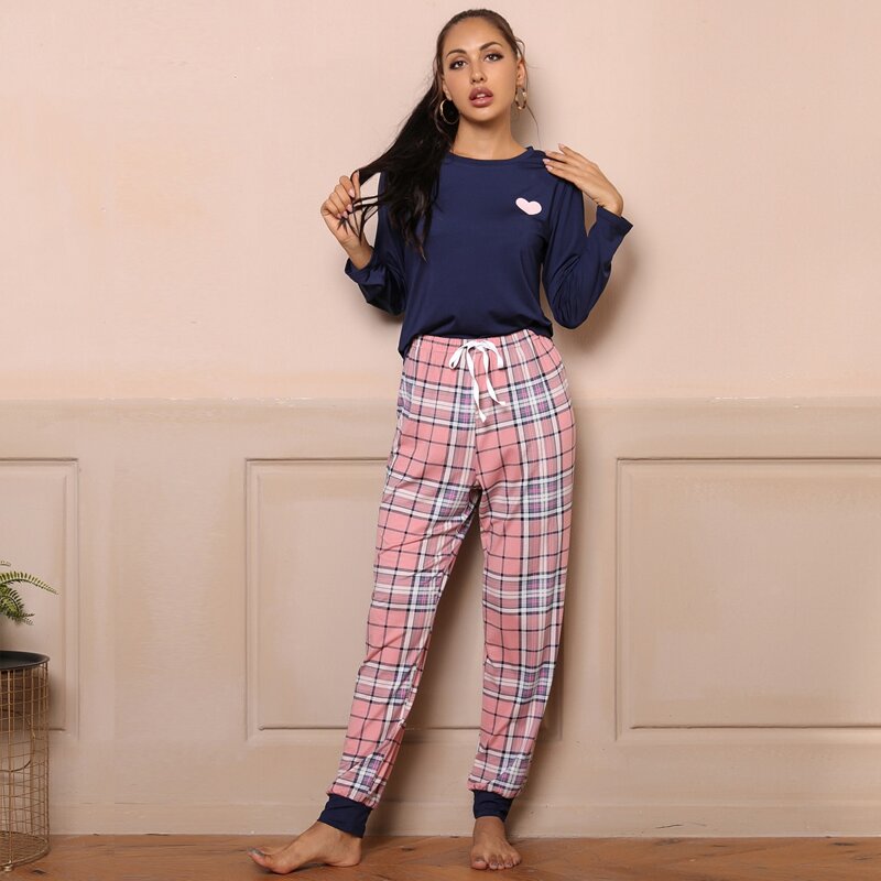 

Heart Print Tartan Pajama Set, Multicolor