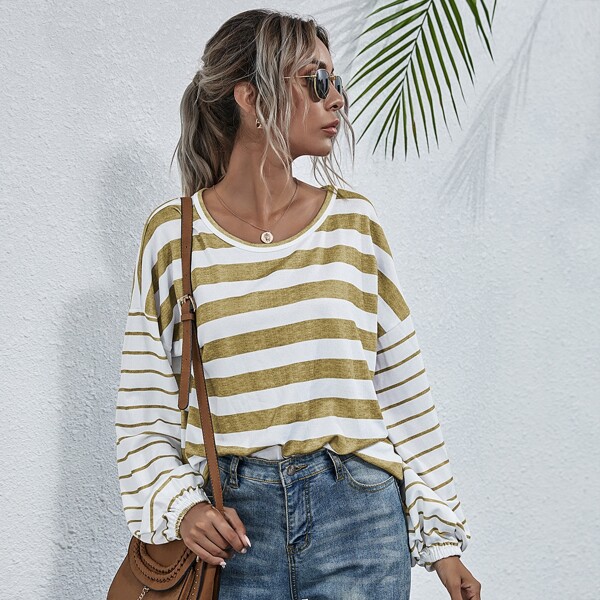 

Striped Drop Shoulder Bishop Sleeve Tee, Multicolor