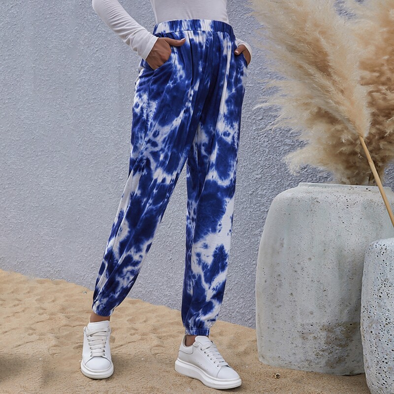 

Tie Dye Elastic Waist Sweatpants, Blue and white