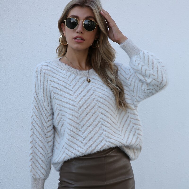 

Chevron Pattern Fluffy Knit Sweater, White