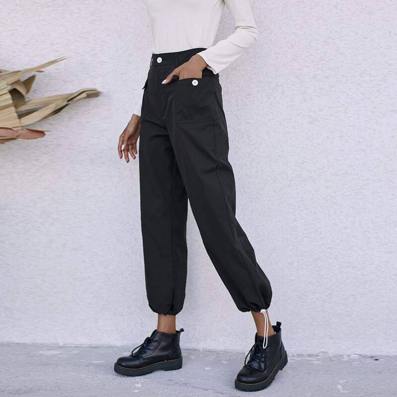

Flap Pocket Drawstring Cuff Cargo Pants, Black