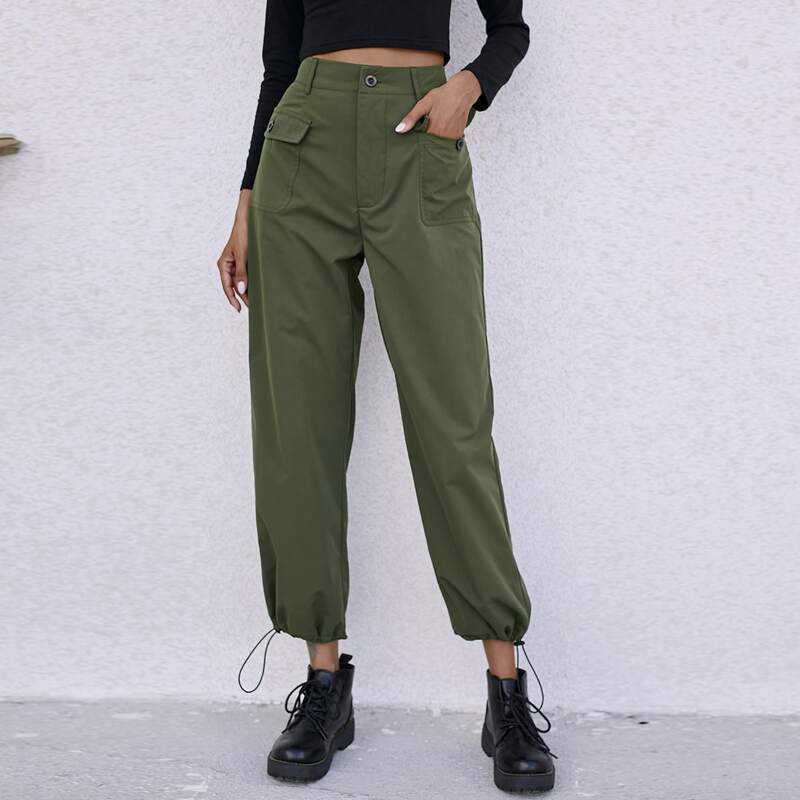 

Flap Pocket Drawstring Cuff Cargo Pants, Army green
