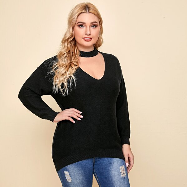 

Plus Keyhole Neck Drop Shoulder Sweater, Black