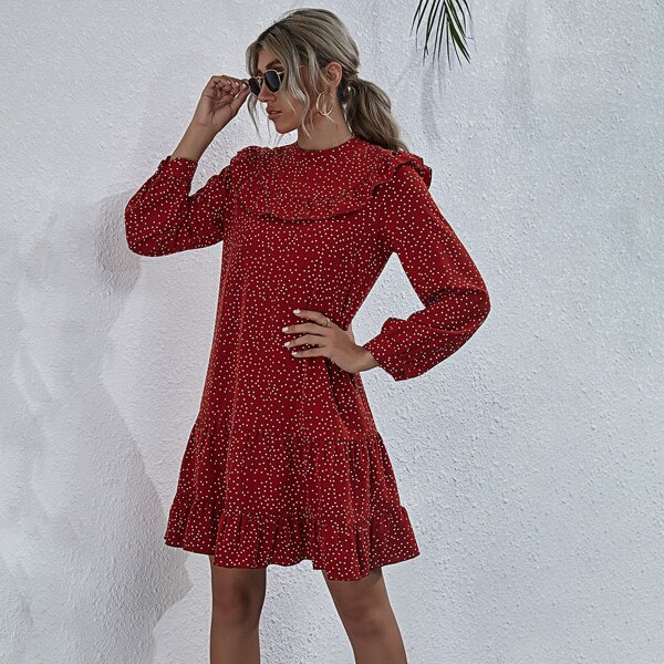 

Polka Dot Print Babydoll Dress, Burgundy
