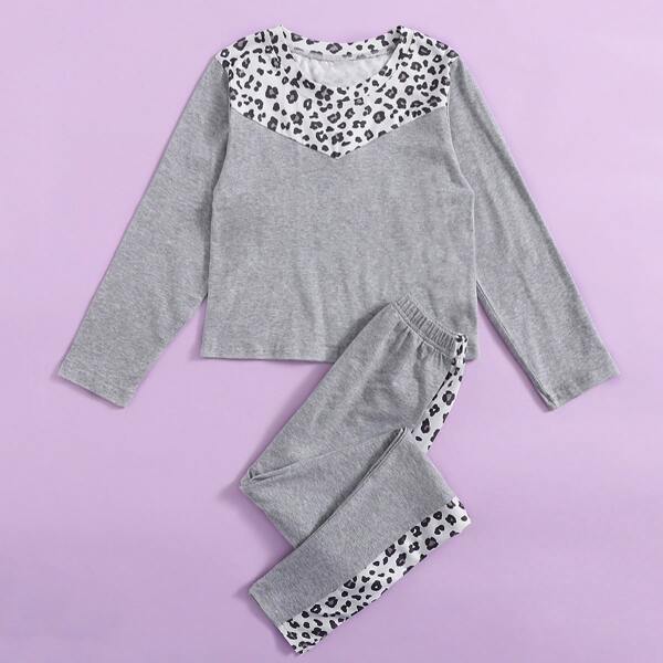 

Girls Contrast Leopard Print PJ Set, Grey