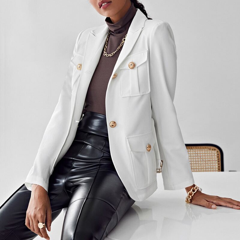 

Lapel Neck Flap Pocket Belted Blazer, White