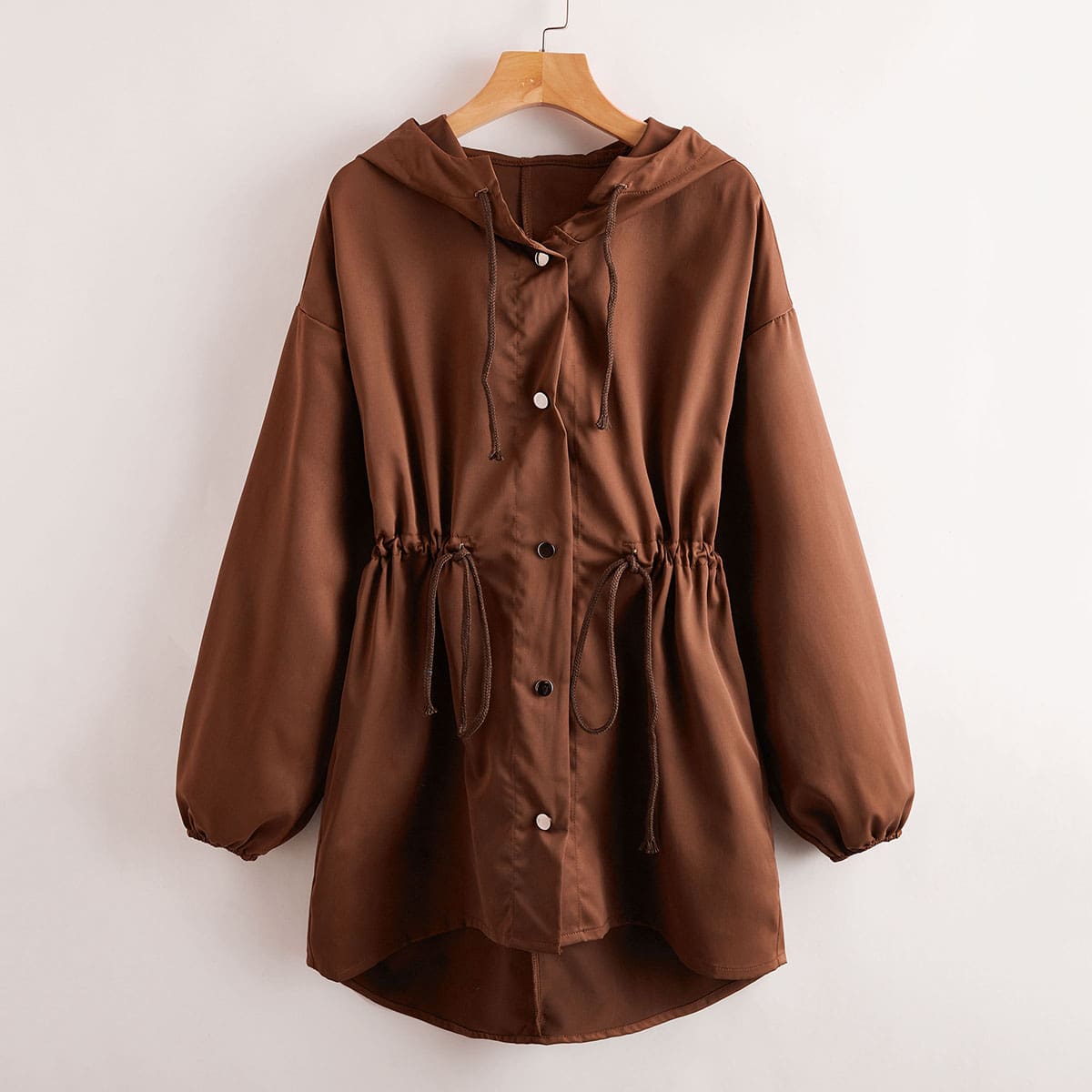 

Drawstring Waist Button Up Hooded Coat, Rust brown