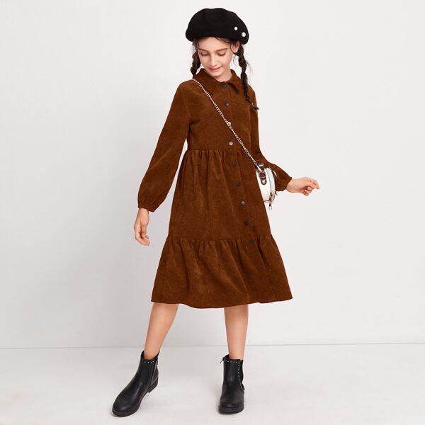 

Girls Lantern Sleeve Flounce Hem Cord Shirt Dress, Chocolate brown