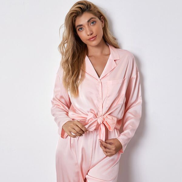 

Solid Button Front Satin Pajama Set, Baby pink
