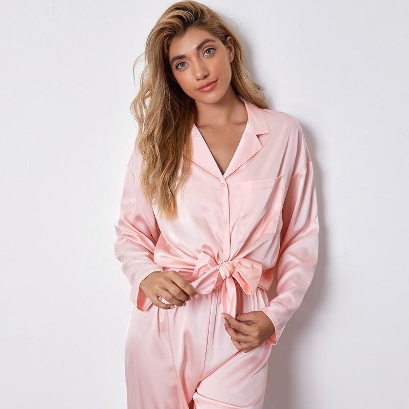 

Solid Button Front Satin Pajama Set, Baby pink