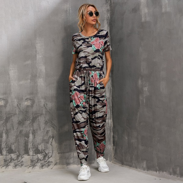 

Camo And Floral Print Drawstring Waist Jumpsuit, Multicolor