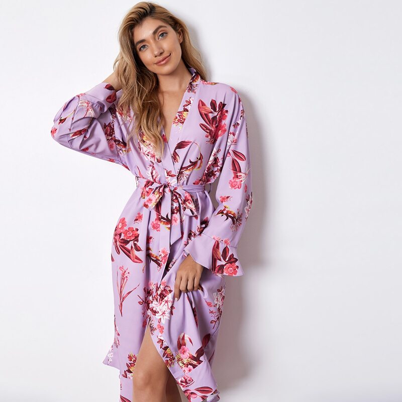 

Flower Print Belted Ruffle Hem Night Robe, Lilac purple