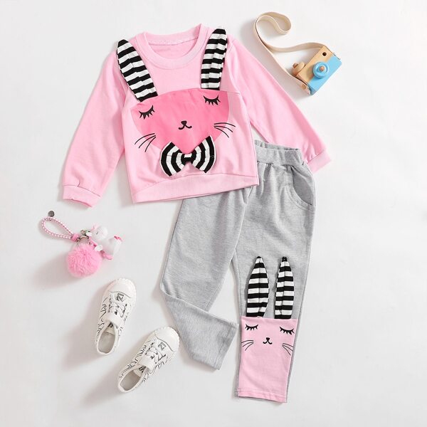 

Toddler Girls 3D Ear Design Cartoon Graphic Sweatshirt With Joggers, Multicolor