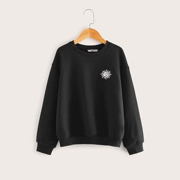 

Girls Drop Shoulder Sun Graphic Pullover, Black