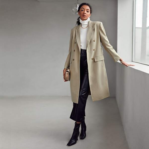 

Notched Collar Double Breasted Flap Detail Buckle Belted Coat, Khaki